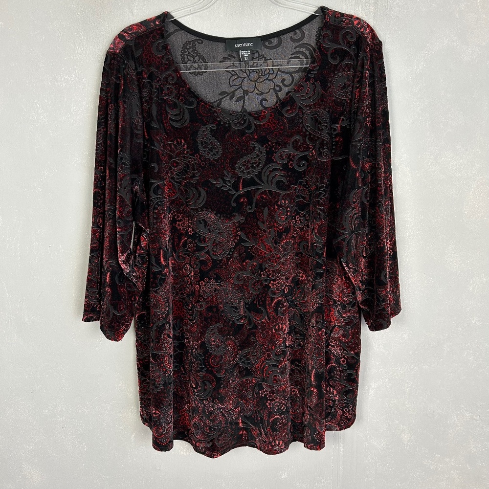 Karen Kane plus size 3X top burnout velvet paisley burgundy black 3/4 sleeve